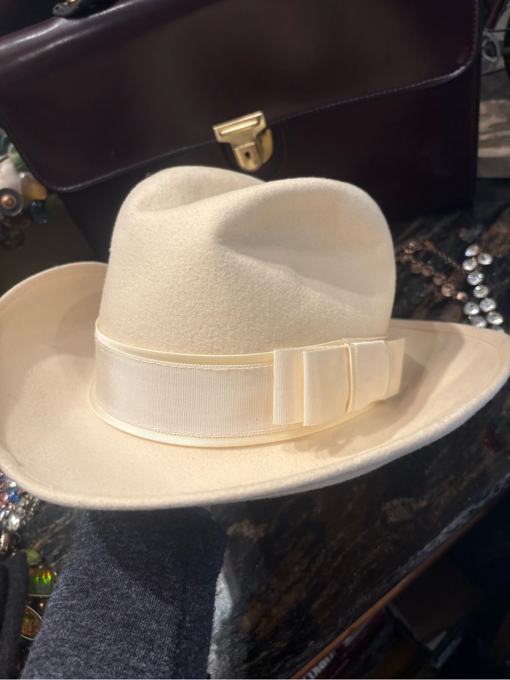 Vintage Mr K Originals Wool Cowboy Hat Cream Off White Dressy Grosgrain Wide Bow